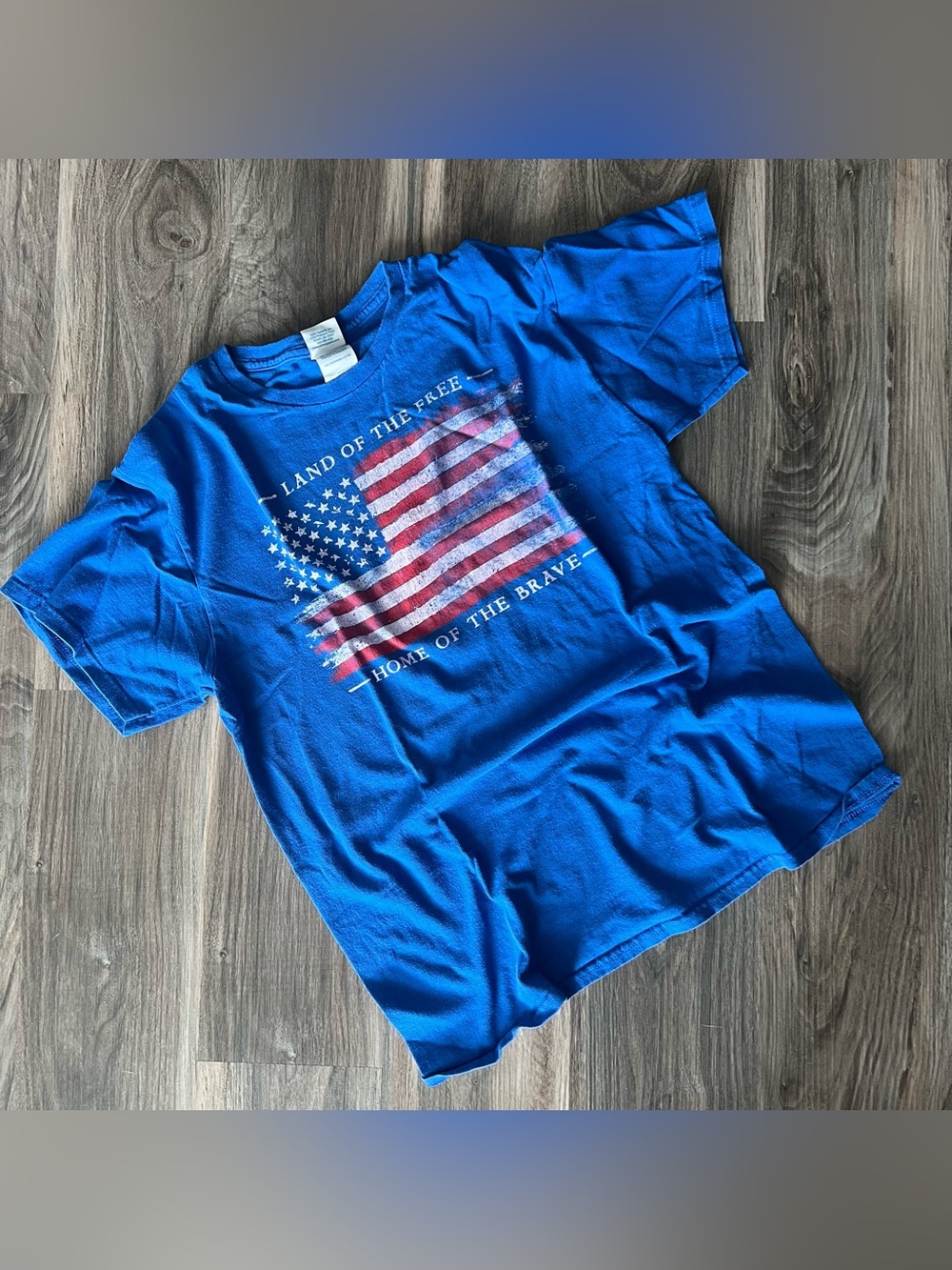 Blue Short Sleeve Tee with American Flag Graphic
